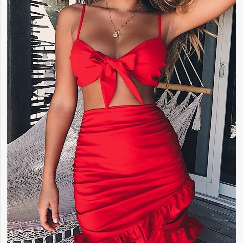 2 piece red dress outfit - cropped tie front top with high waisted rushed skirt